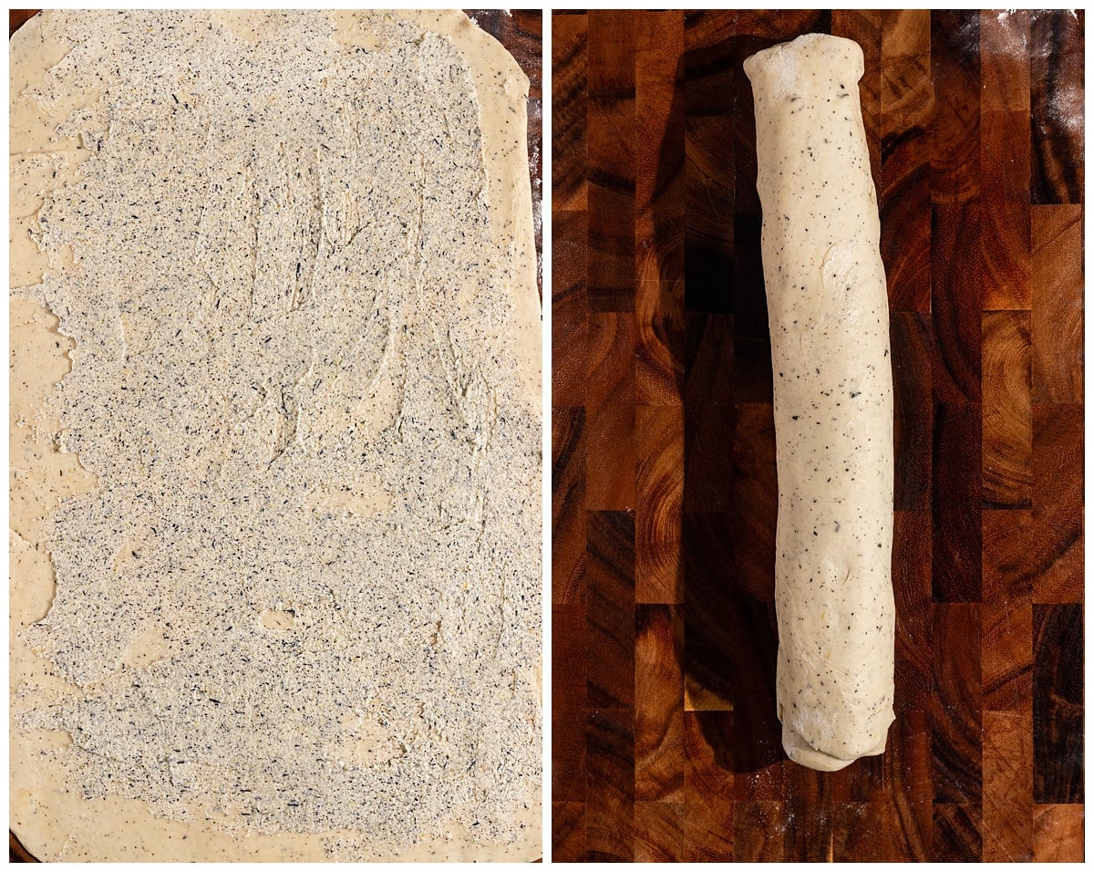 two pictures of filling getting added to rolled out dough and then rolled up into a log.