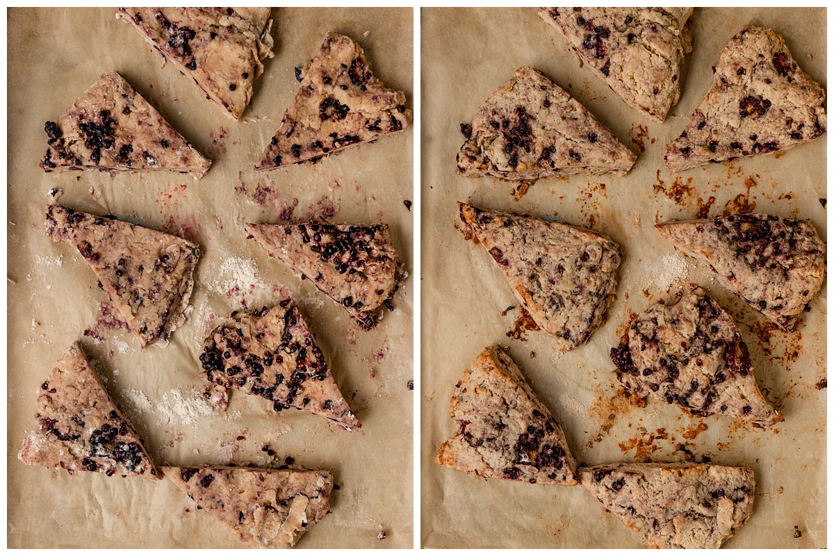 blackberry scones shaped as triangles on tray before and after baking