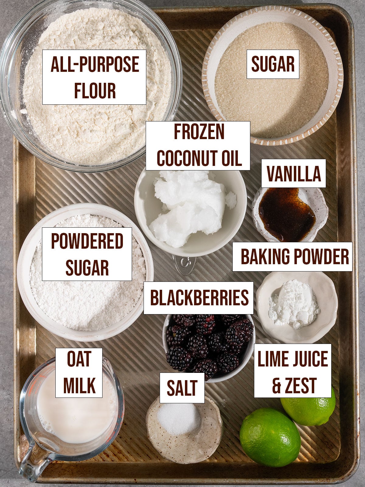 labeled ingredients on tray for blackberry lime scones.