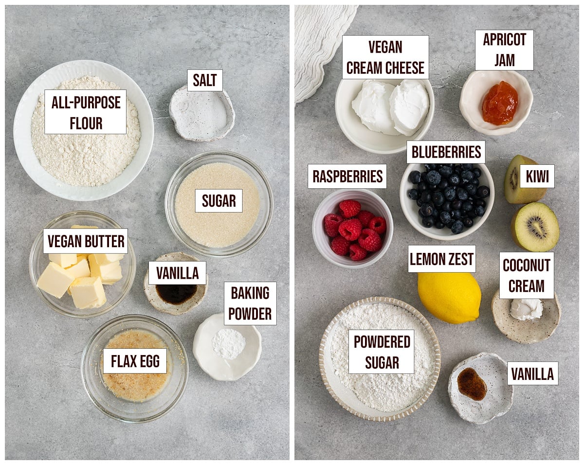 labeled ingredients for fruit tart sugar cookies include the cookie dough, cream cheese frosting, and fruit topping.