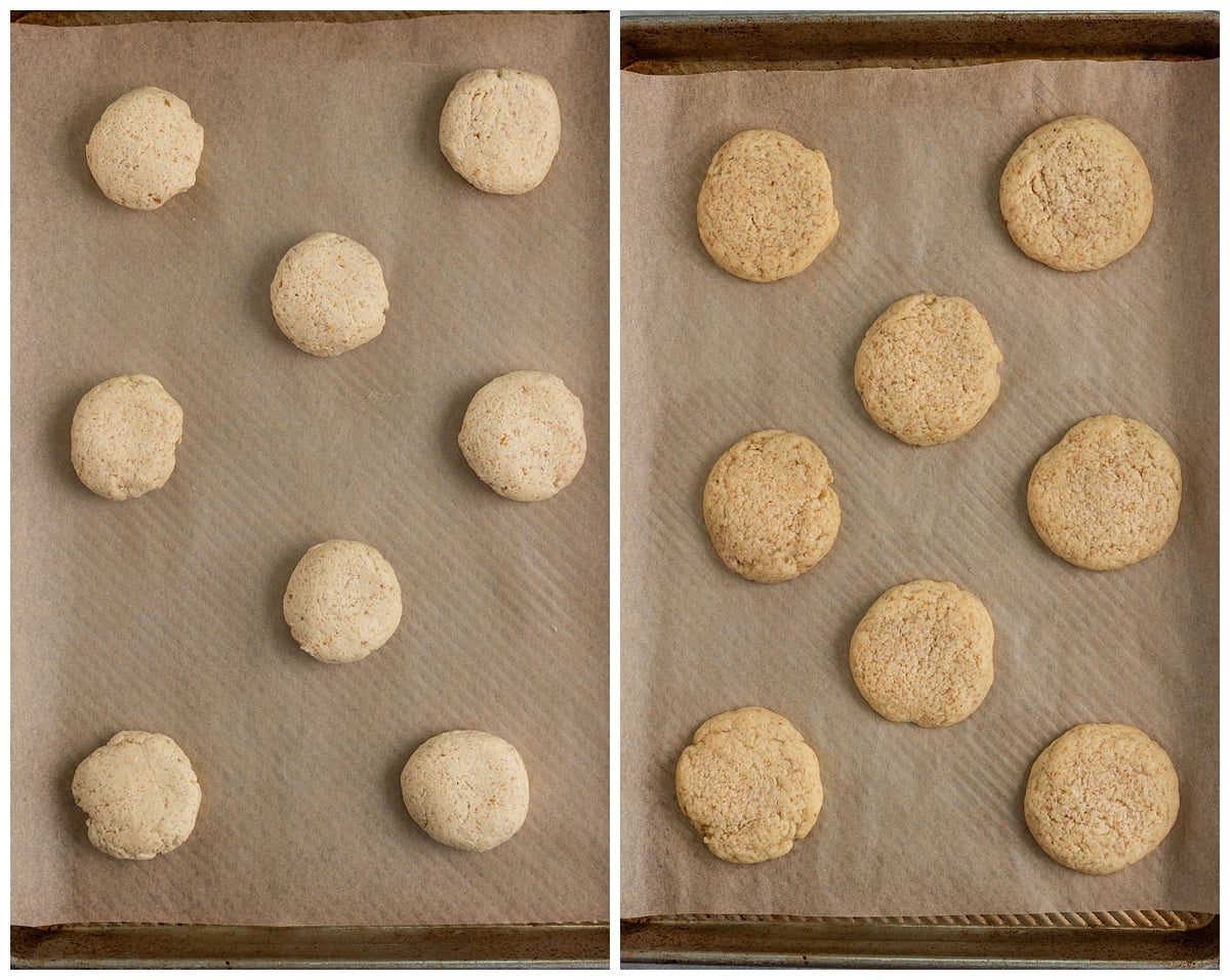 cookie dough balls on parchment lined baking tray in left image and baked sugar cookies on tray in right image.