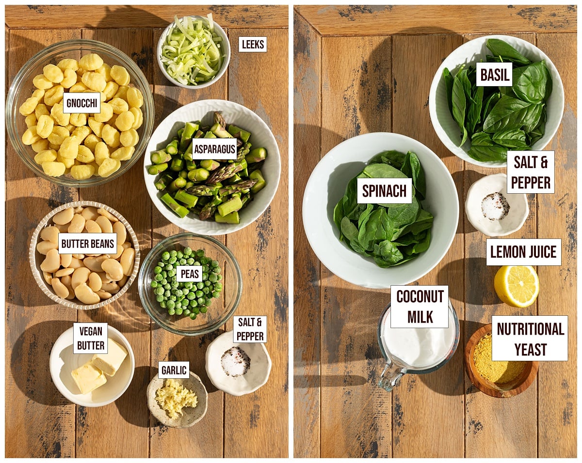 labeled ingredients for pesto gnocchi, basil cream sauce, and sautéed vegetables.