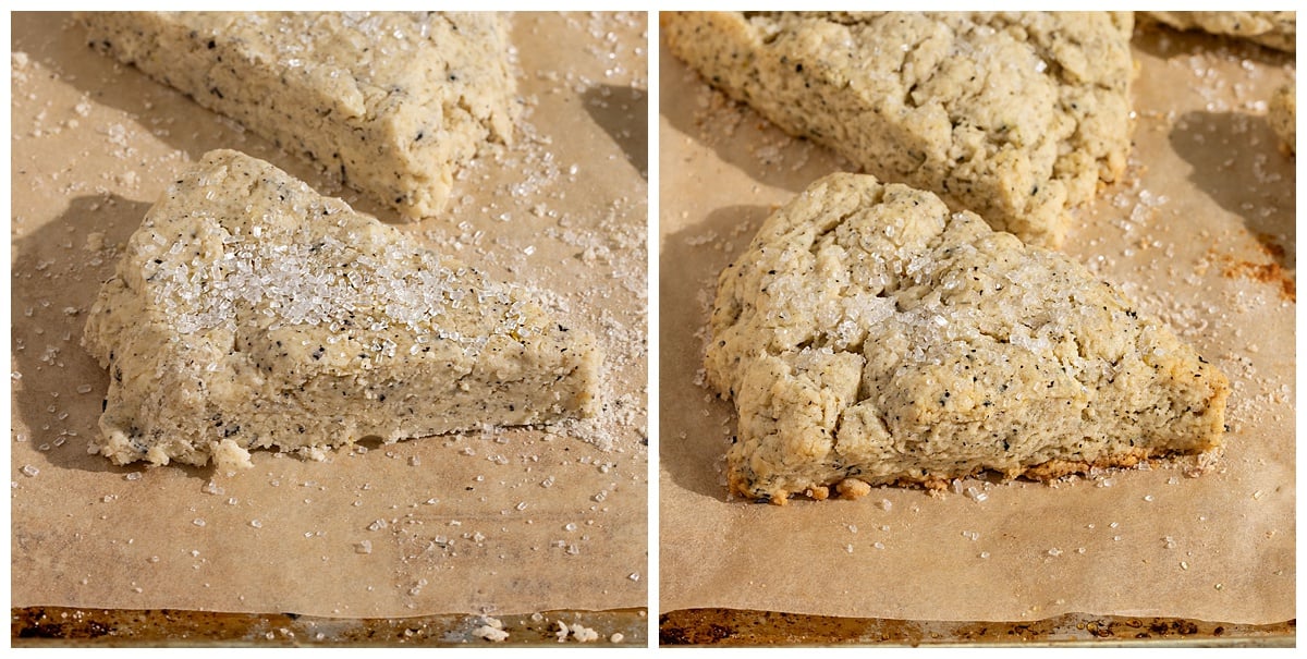 picture of unbaked triangle scone with sugar on top and then the same scone baked.
