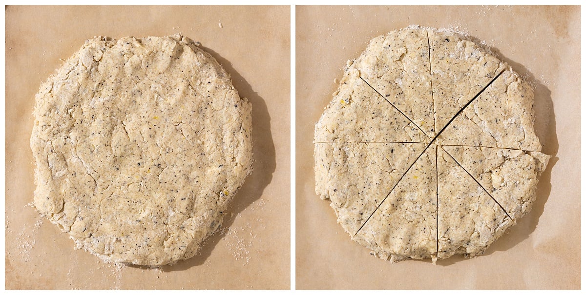 circular disc of scone dough on parchment lined tray before and after cut into wedges.
