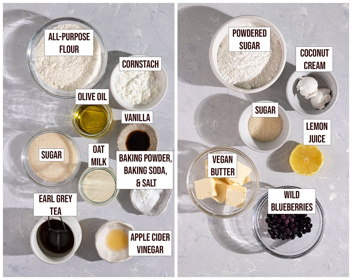 labeled ingredients for earl grey cupcakes and blueberry frosting.