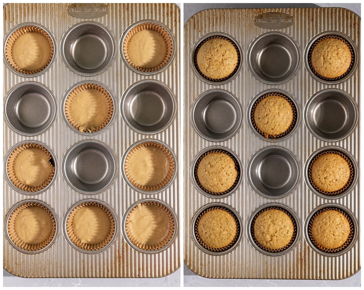 pan of 8 cupcake liners full of cupcake batter and then the same muffin tin with baked cupcakes.