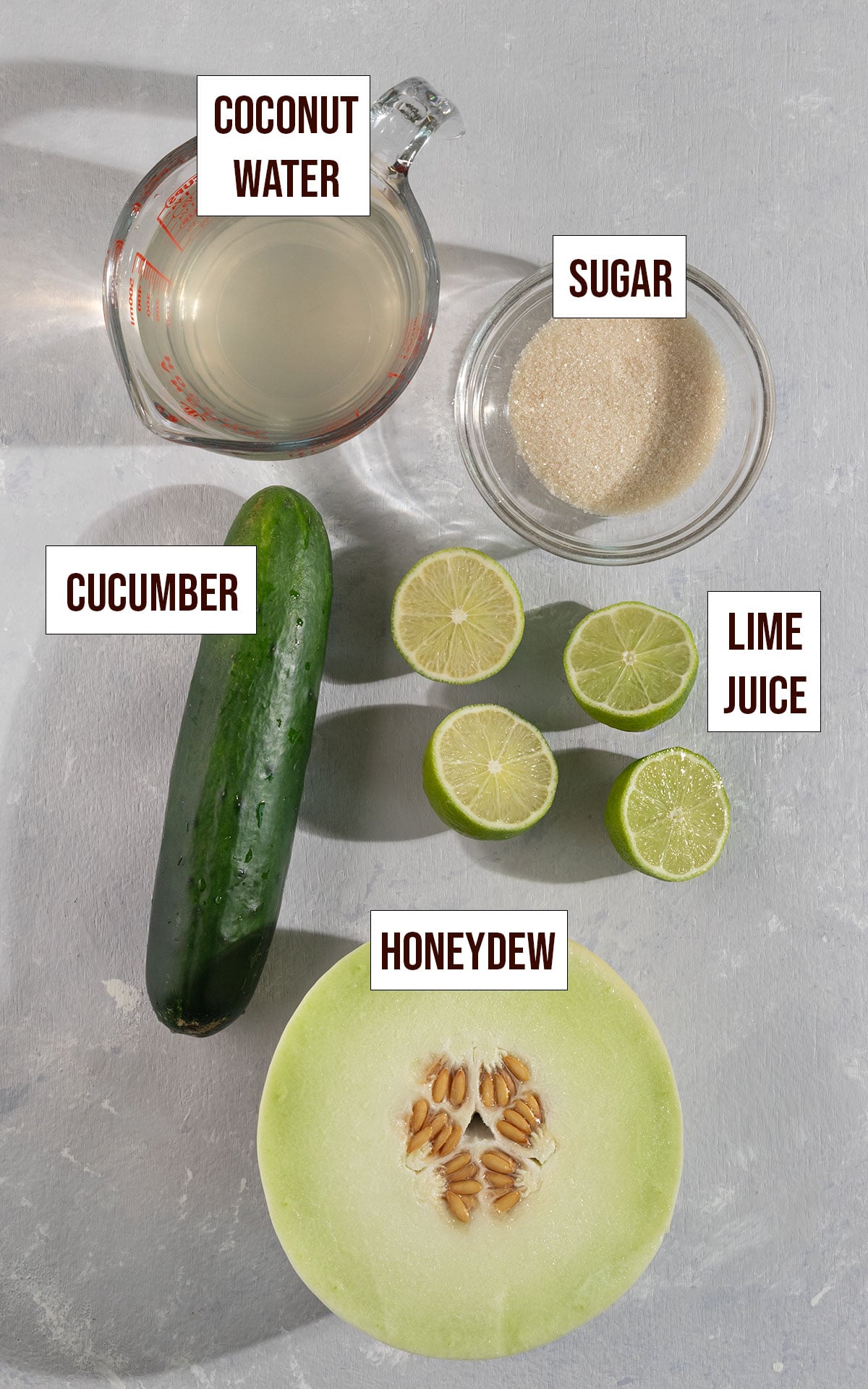 labeled ingredients of cucumber, honeydew, coconut water, sugar, and lime juice.