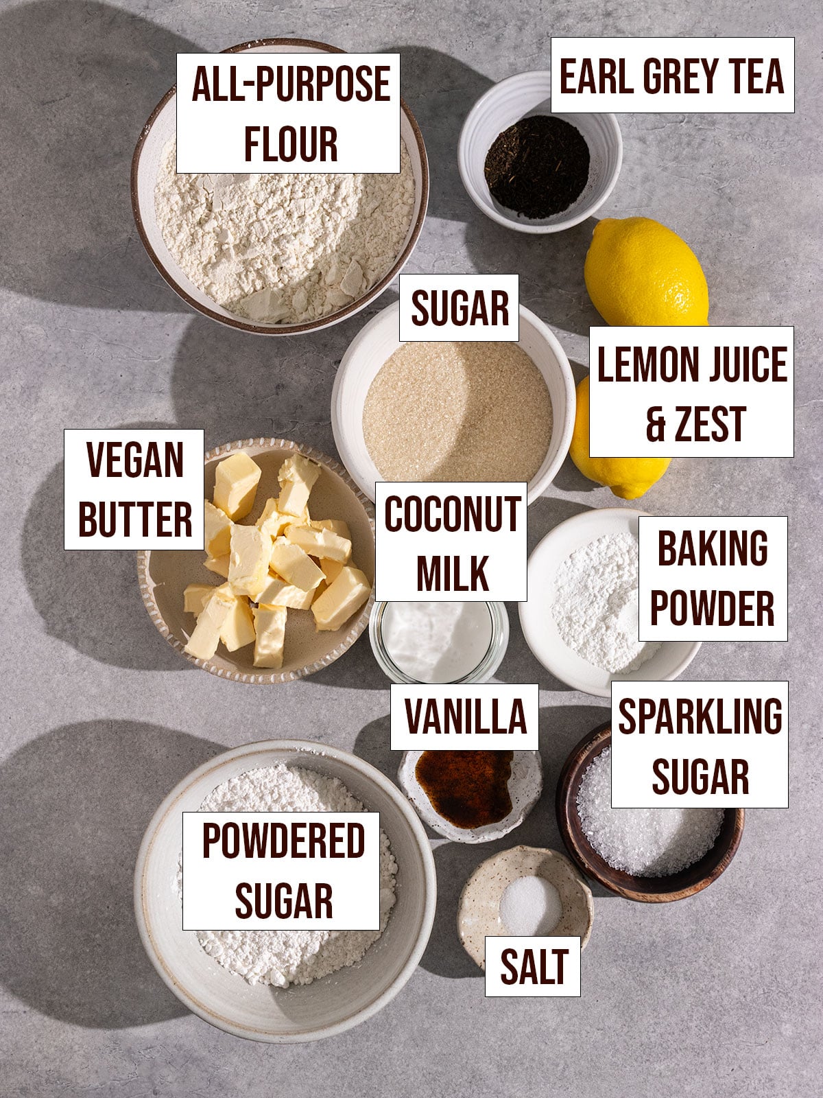labeled ingredients for lemon earl grey scones and lemon icing.