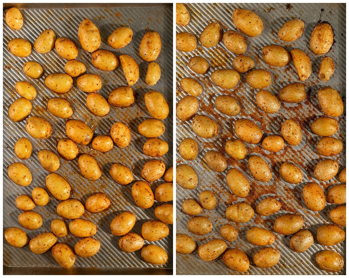 potatoes on tray before and after being roasted.
