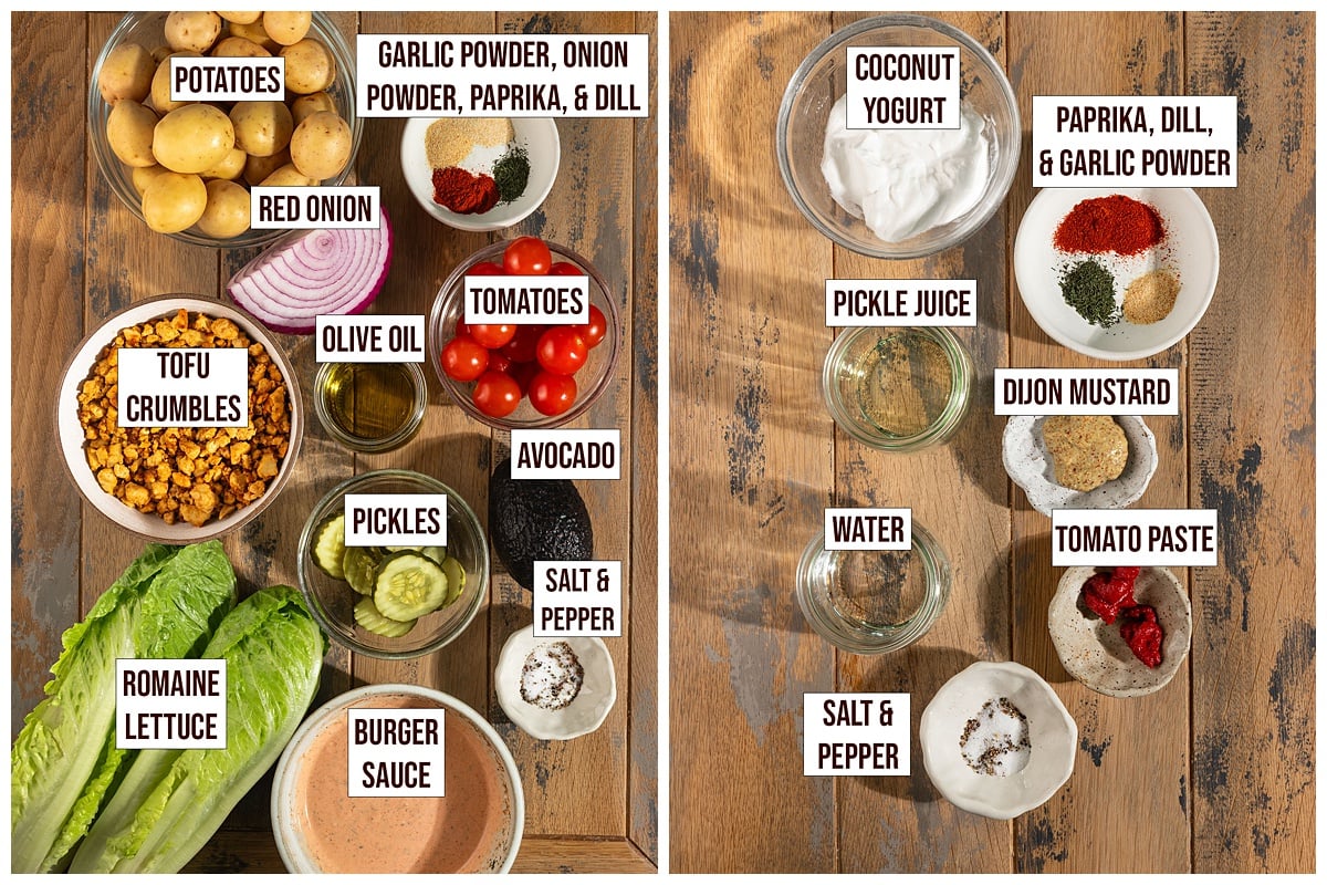 labeled ingredients for burger sauce and vegan burger bowls.