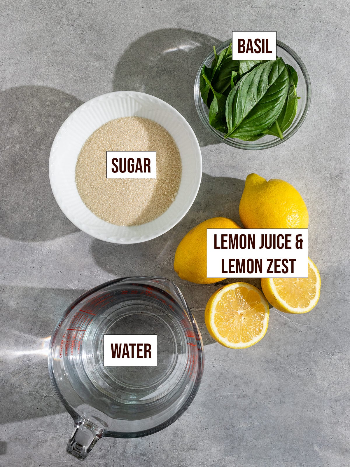labeled ingredients including water, sugar, basil, lemon juice, and lemon zest.