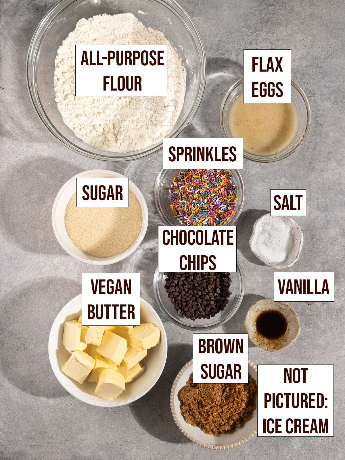 labeled ingredients for cookie dough ice cream sandwiches.