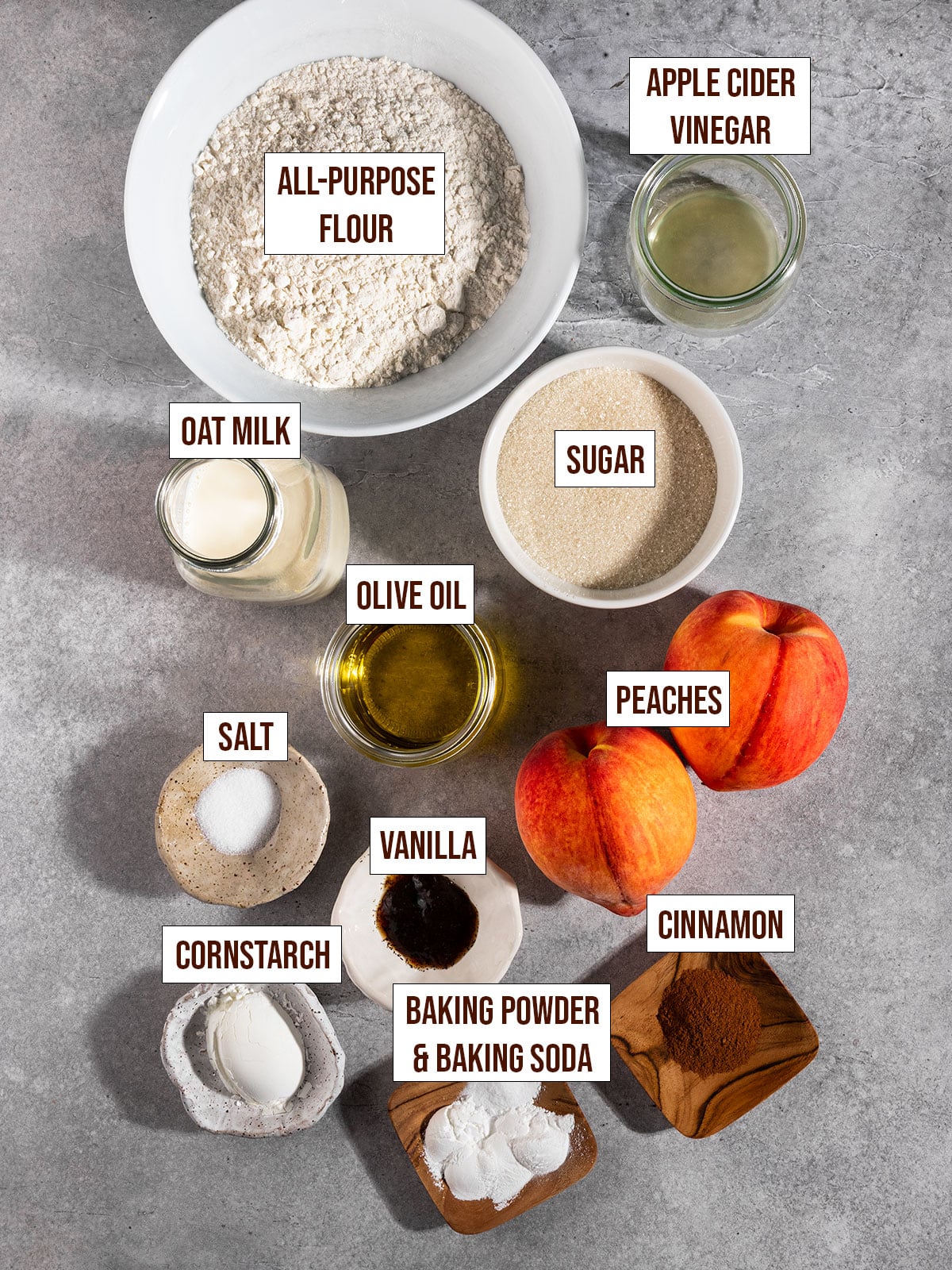labeled ingredients for peach cake.