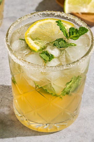 cocktail filled with torn mint leaves, lemon slices, lime and ice alongside wedges of limes and lemons.