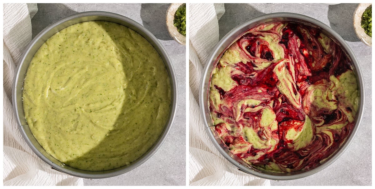 circle cake pan filled with a thai basil cake batter and then mixed with swirls of blackberry jam.