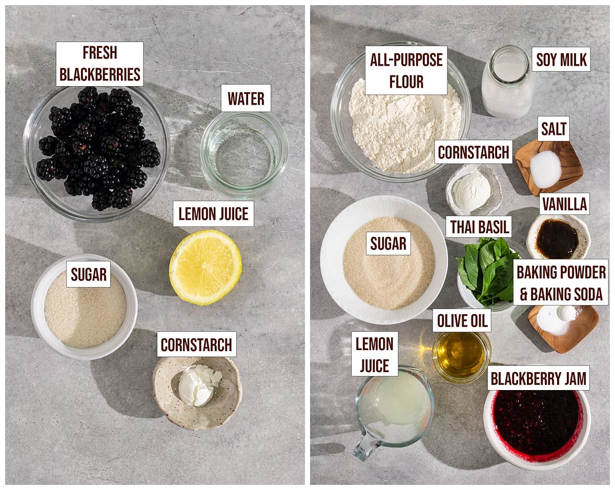 labeled ingredients for blackberry jam and thai basil blackberry cake.