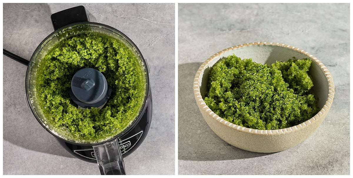 basil and sugar blended together in a blender and in a small bowl.