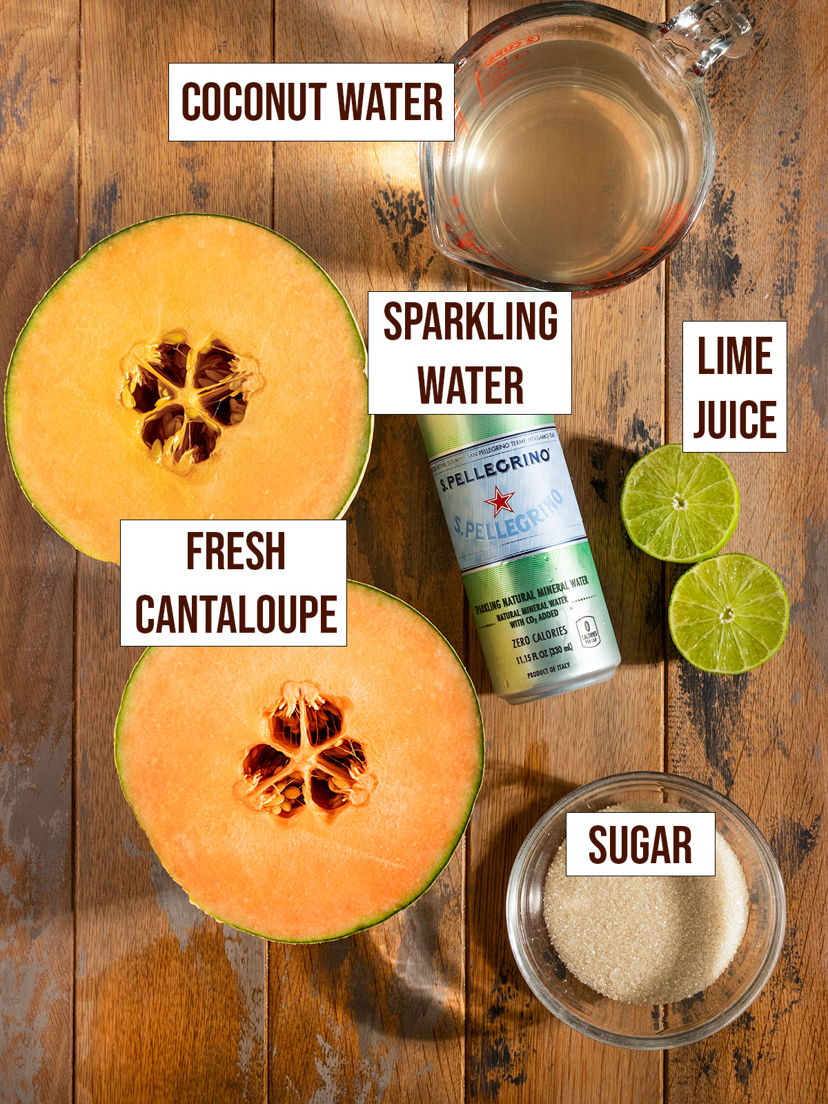 labeled ingredients including cantaloupe, limes, sparkling water, coconut water, and sugar.