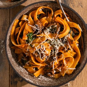 bowl of fettuccine with a red tomato sauce, mushrooms, spinach, and shredded parmesan cheese on top with fork in the bowl.