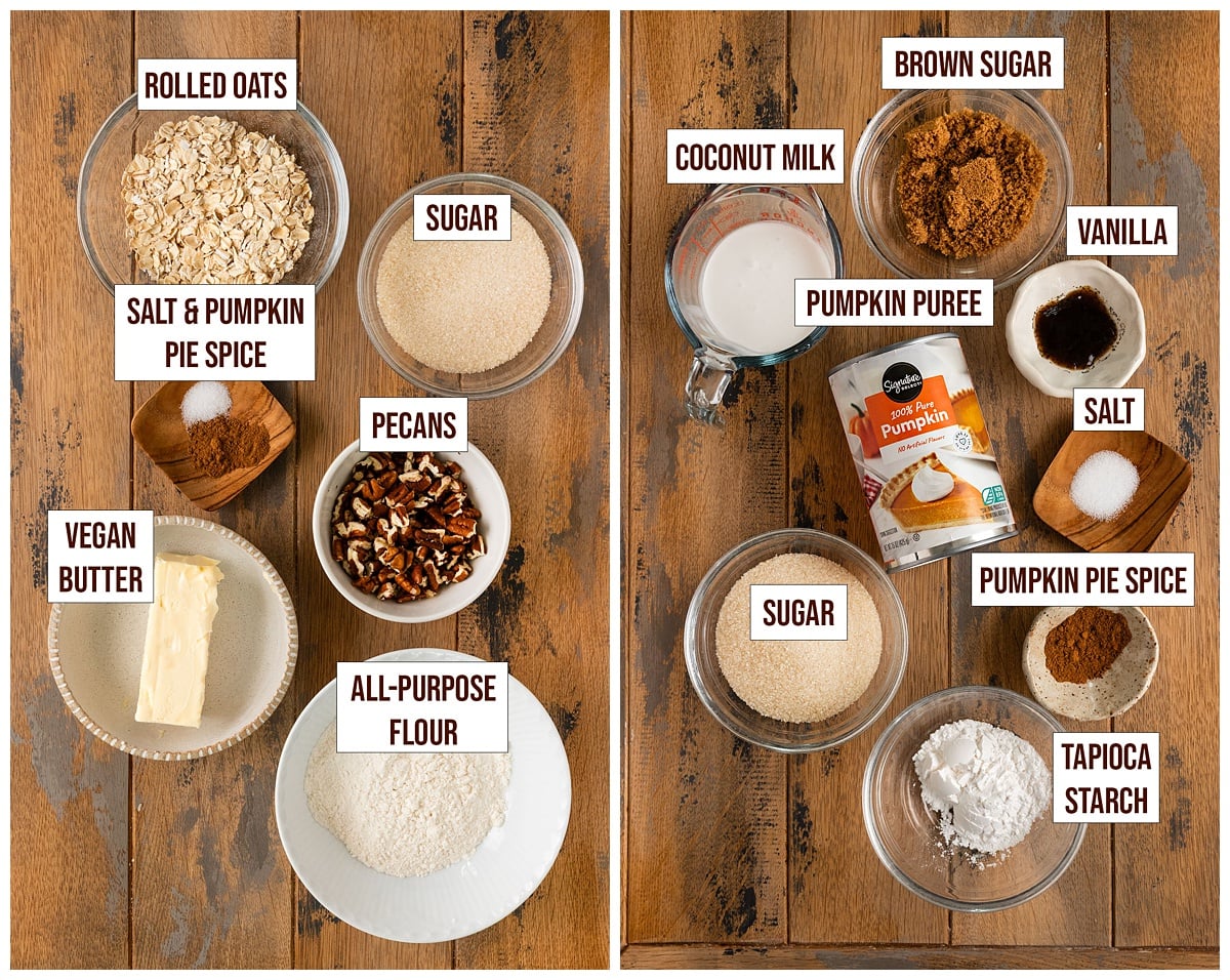 labeled ingredients for streusel and pumpkin pie filling.