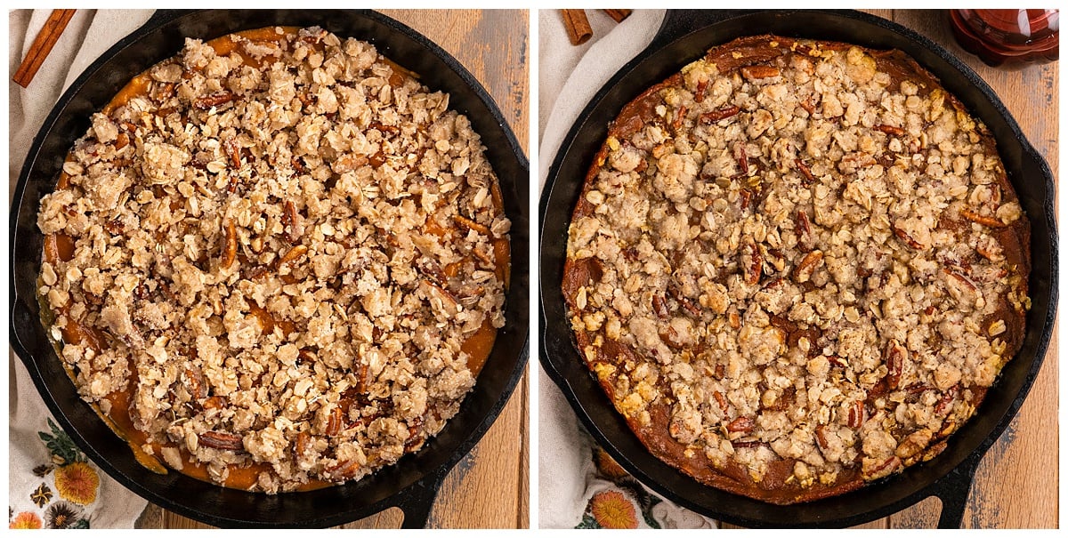 cast iron skillet with pumpkin pie filling topped with a pecan streusel topping before baking and after baking.
