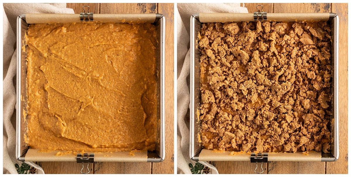square pan filled with pumpkin cake batter and then same cake with streusel topping crumbled on top.