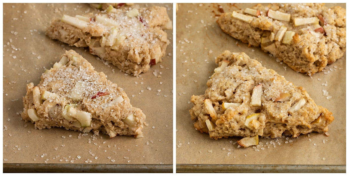 picture of an apple scone topped with sparkling sugar before and after baking on a parchment-lined tray.
