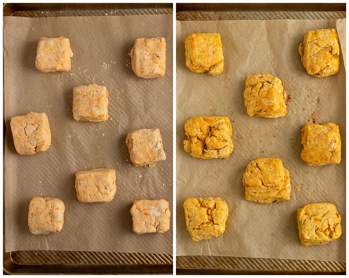 parchment lined tray topped with 8 square sweet potato biscuits before baking and after baking.