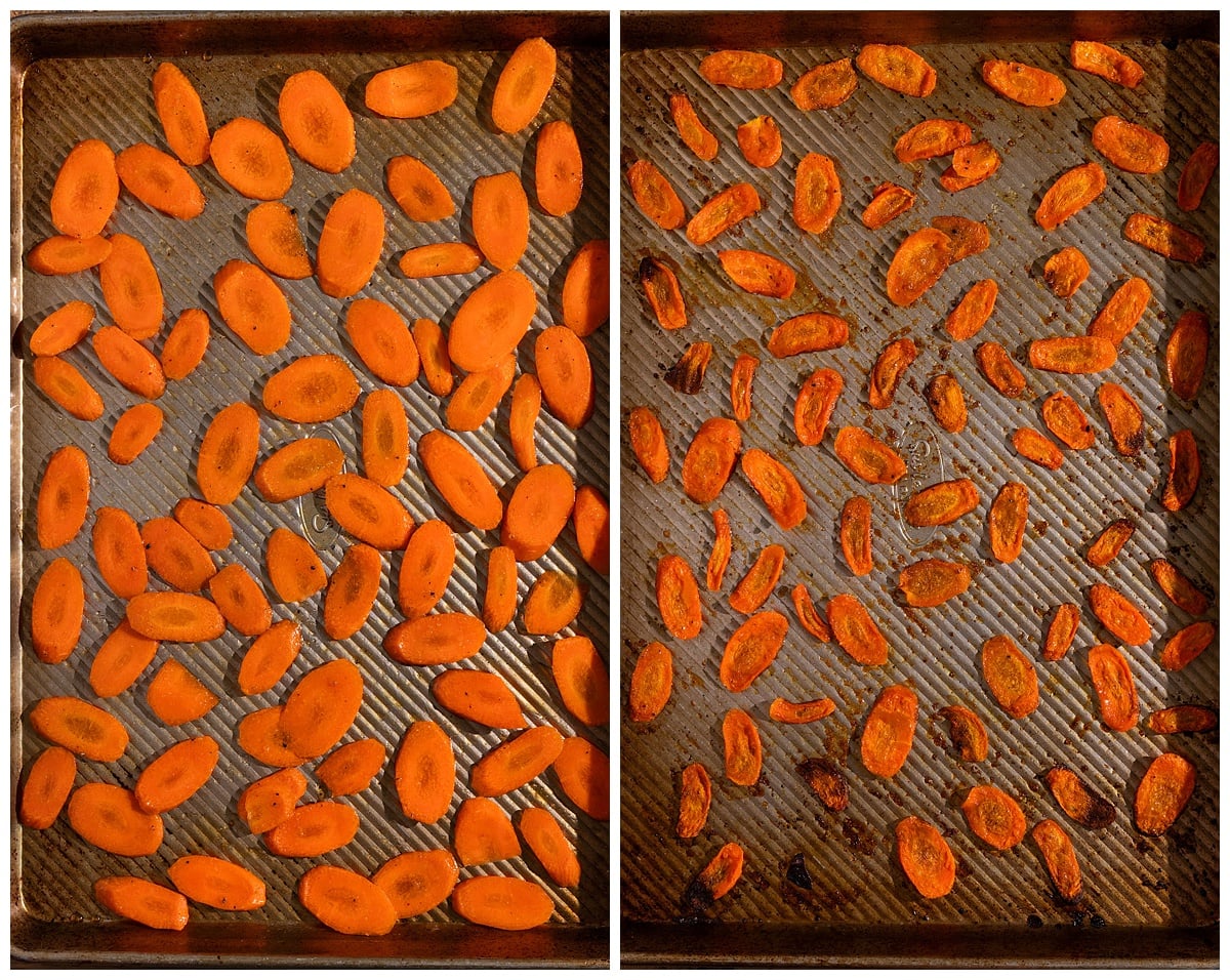 sliced carrots on tray before roasting and after being roasted.