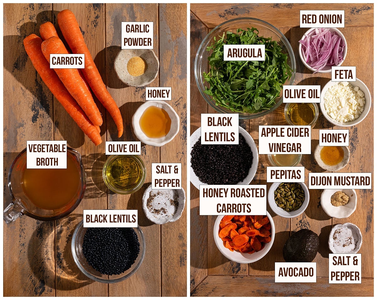 labeled ingredients for honey roasted carrots, black lentils, and salad.
