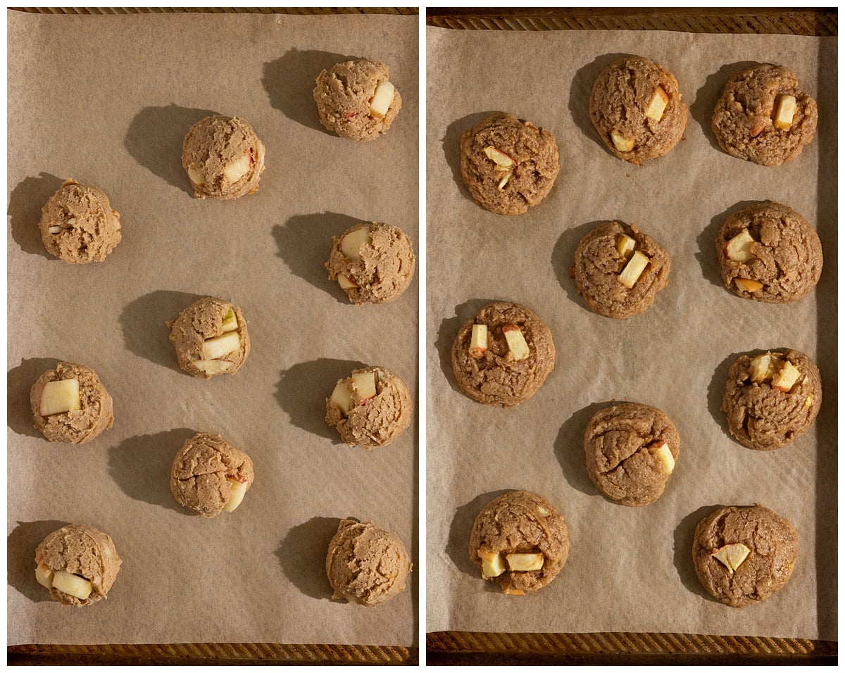 baking tray lined with parchment paper topped with cookie dough balls filled with apple chunks before baking and after baking.