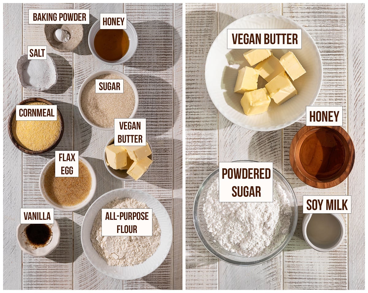 labeled ingredients for cornmeal cookies and salted honey buttercream frosting.