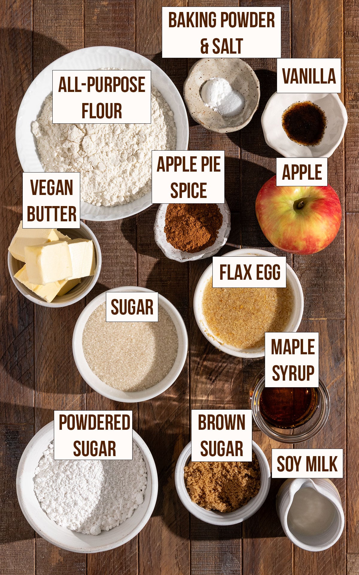 labeled ingredients for apple fritter cookies with maple icing.