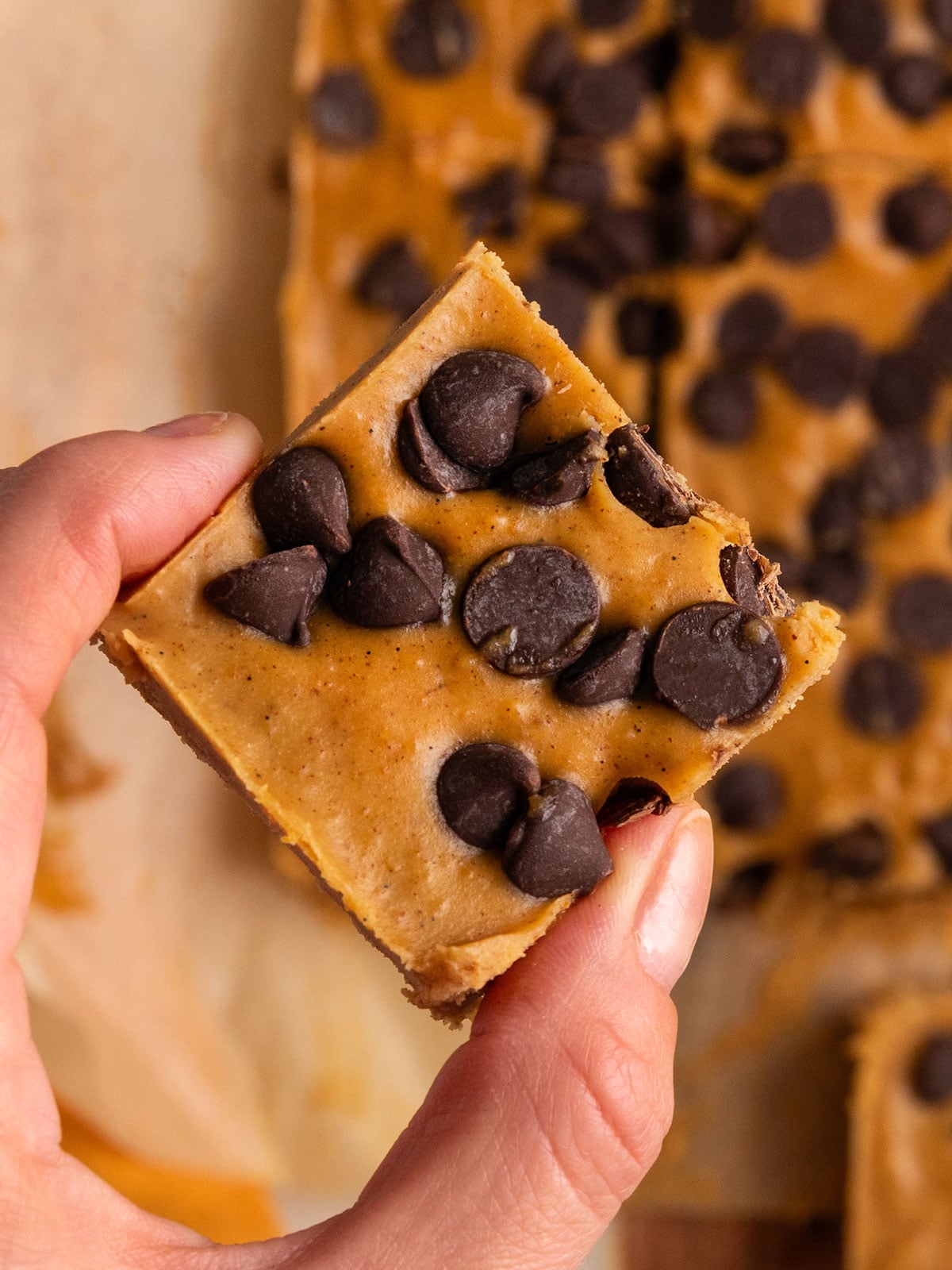 hand holding up a square of pumpkin fudge with chocolate chips in it.