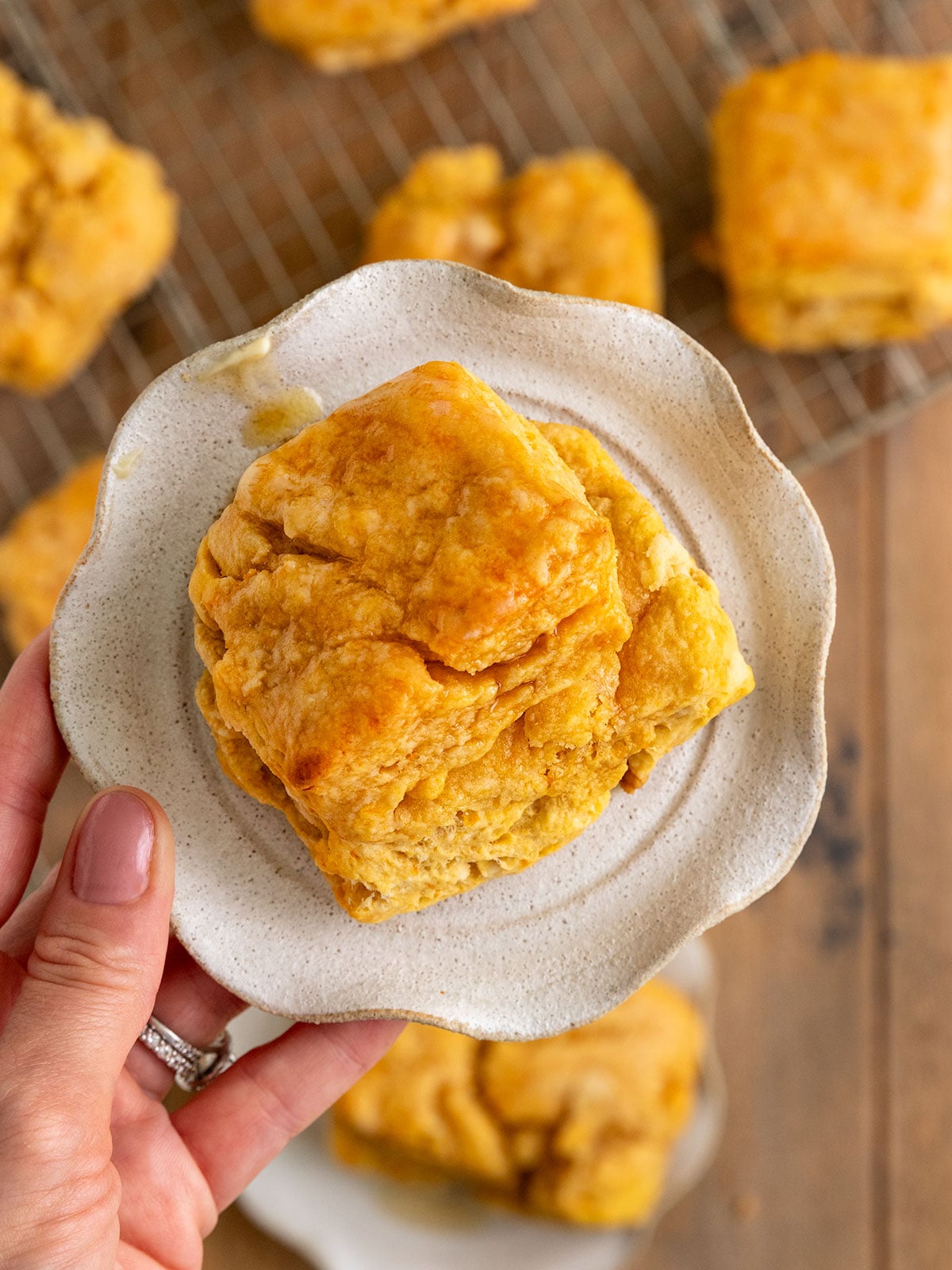 hand holding up a plate topped with a square orange sweet potato biscuit.